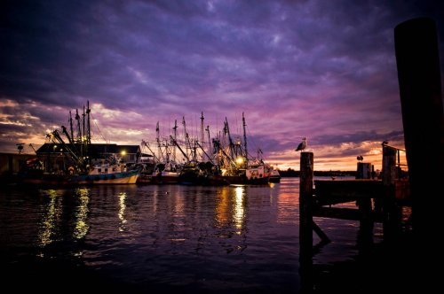 Fishing boats docked at a harbor under a colorful sunset, with reflections on the water and a cloudy sky.