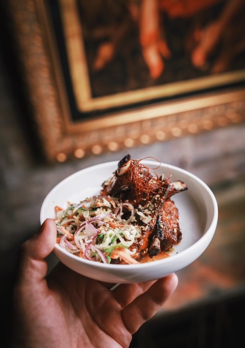 A hand holding a white bowl with grilled meat, garnished with herbs and onions, against a decorative background.