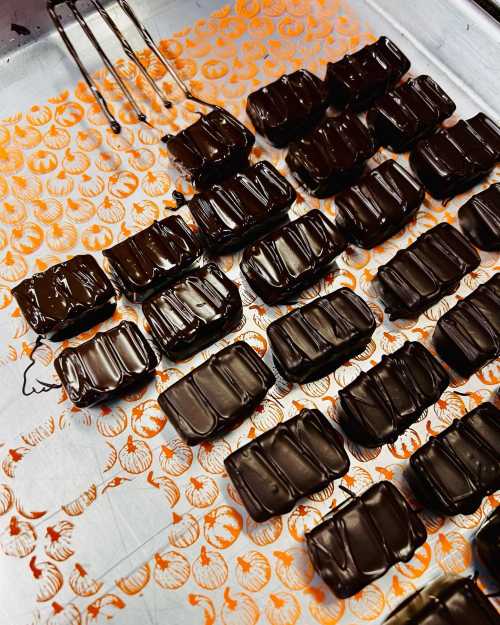 A tray of freshly coated chocolate candies arranged on an orange pumpkin-patterned surface.