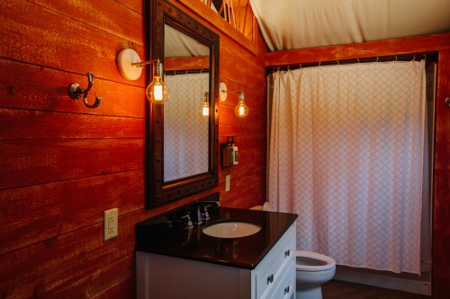 Cozy bathroom with wooden walls, a mirror, sink, and shower curtain, featuring warm lighting and modern fixtures.