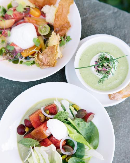 Three plates of fresh salads: one with greens and watermelon, another with colorful tomatoes, and a creamy soup.