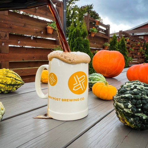 A mug with a logo overflows with beer, surrounded by pumpkins and decorative gourds on a wooden table.