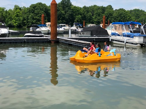 Two people enjoy a yellow paddle boat on a calm lake, surrounded by parked boats and green trees.