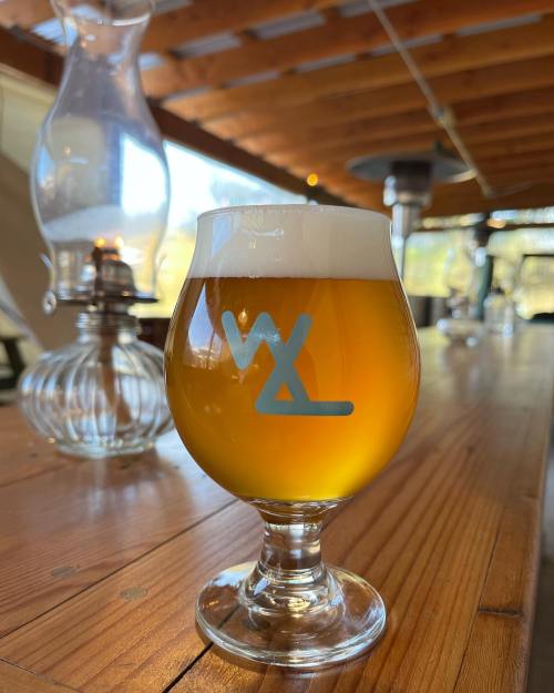 A glass of golden beer with a logo sits on a wooden table, with a lamp and outdoor scenery in the background.