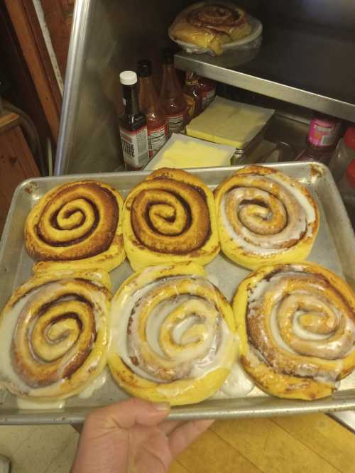 A hand holding a tray of freshly baked cinnamon rolls with icing, placed on a kitchen counter.