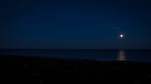 A serene night scene of the ocean under a bright full moon, with a dark shoreline in the foreground.