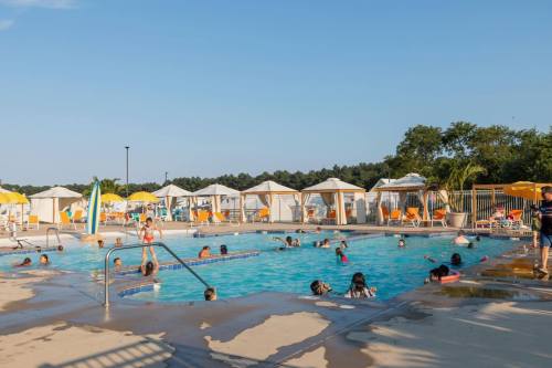 A sunny pool scene with people swimming and lounging under cabanas, surrounded by trees and blue skies.