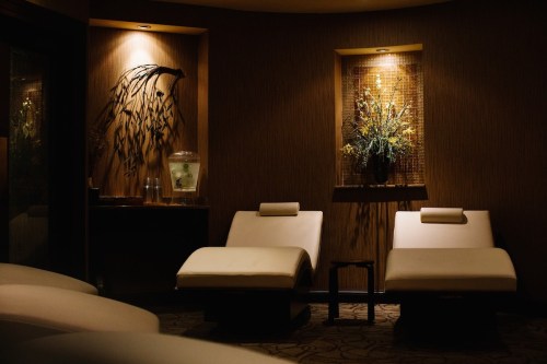 A serene spa room with two lounge chairs, soft lighting, and a decorative wall featuring plants and a floral arrangement.