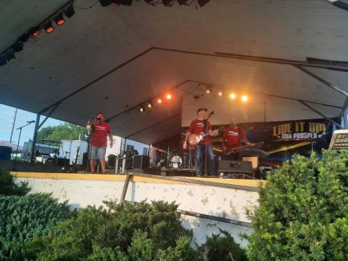 A band performs on stage under bright lights, with musicians playing instruments and singing in a lively outdoor setting.