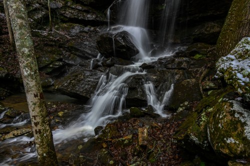 A serene waterfall cascades over dark rocks, surrounded by moss and trees in a tranquil forest setting.