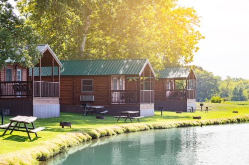 Cozy cabins with green roofs by a serene pond, surrounded by lush grass and trees, bathed in warm sunlight.