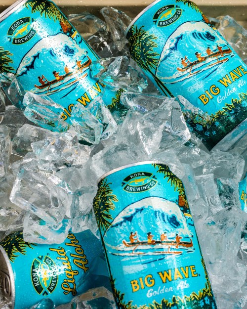 Cans of Kona Brewing's Big Wave Golden Ale surrounded by ice, featuring vibrant beach and wave artwork.