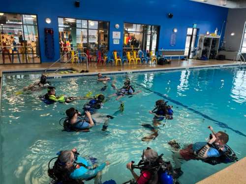 A group of divers in scuba gear practices in a swimming pool, surrounded by colorful chairs and a bright blue wall.