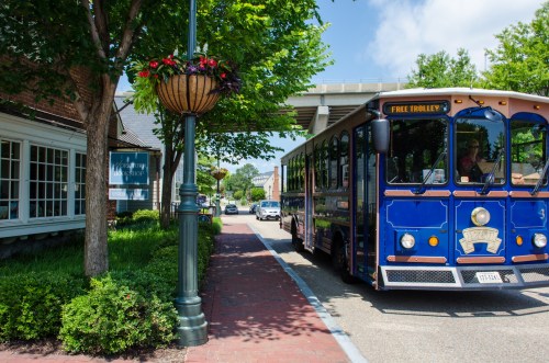 A blue trolley bus stops on a tree-lined street, with flowers in hanging baskets and buildings in the background.