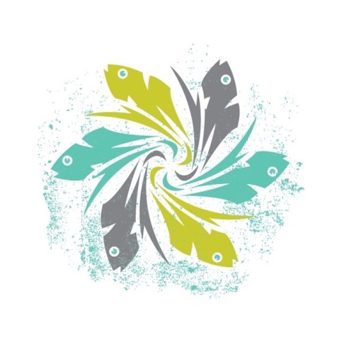 A stylized swirl of fish in green, gray, and teal, set against a textured light background.