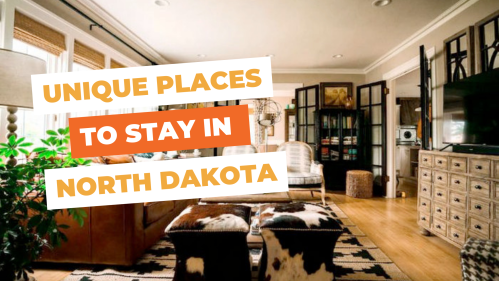 Cozy living room with stylish decor, featuring a cowhide ottoman and a large TV, promoting unique stays in North Dakota.
