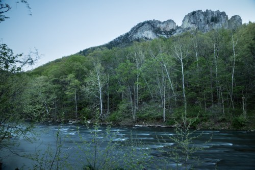 A serene river flows past lush green trees, with rocky mountains rising in the background under a clear sky.