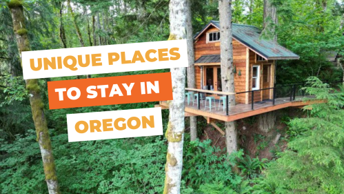 A cozy treehouse nestled among trees in Oregon, featuring a deck and surrounded by lush greenery. Text overlay highlights unique stays.