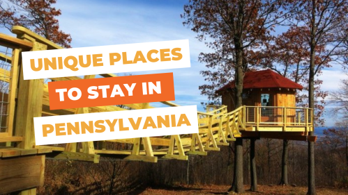 A treehouse in Pennsylvania surrounded by trees, with text overlay: "Unique Places to Stay in Pennsylvania."
