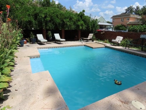 A clear blue swimming pool surrounded by lounge chairs and lush greenery under a bright sky.