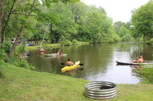 People kayaking on a calm river surrounded by lush greenery and trees on a sunny day.