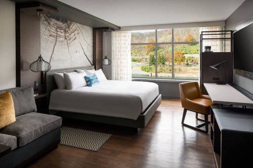 Modern hotel room featuring a queen bed, desk, and large window with a view of greenery outside.