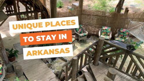 A cozy outdoor space with wooden stairs, colorful chairs, and greenery, promoting unique stays in Arkansas.