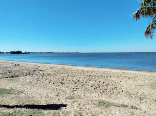 A serene beach scene with clear blue water, sandy shore, and a bright blue sky.