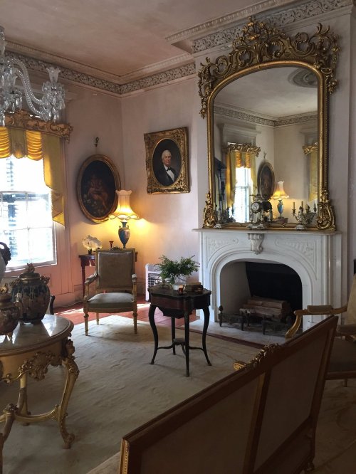 Elegant room with ornate decor, a large mirror, paintings, and a fireplace, featuring vintage furniture and soft lighting.