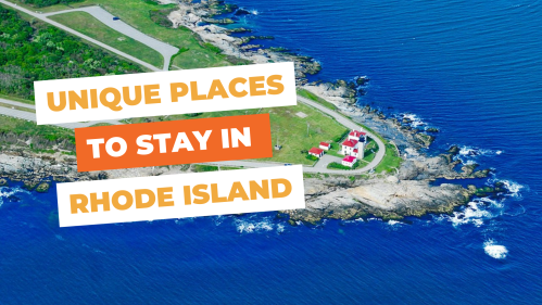 Aerial view of a coastal area in Rhode Island with a lighthouse and text overlay: "Unique Places to Stay in Rhode Island."