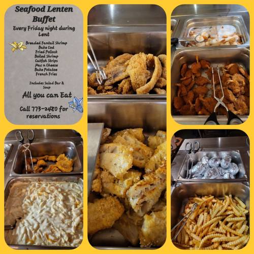 A seafood buffet featuring fried shrimp, fish, and sides, with a sign promoting all-you-can-eat Fridays during Lent.