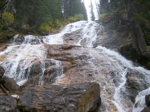 A cascading waterfall flows over rocky terrain, surrounded by lush green trees and misty air.