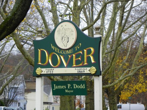 Welcome sign for Dover, established in 1869, founded in 1722, with the name of the mayor, James P. Dodd.