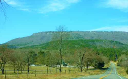 A winding road leads towards a mountain with a clear blue sky and green trees in the foreground.