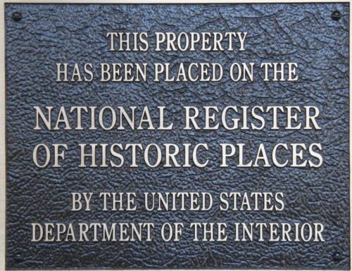 Plaque stating the property is on the National Register of Historic Places by the U.S. Department of the Interior.