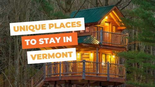 A cozy treehouse with warm lights, surrounded by trees, promoting unique stays in Vermont.