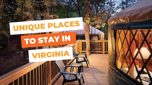 A cozy outdoor deck with chairs, surrounded by trees, featuring a yurt in Virginia. Text overlay: "Unique Places to Stay in Virginia."