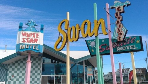 Colorful retro motel signs for "White Star" and "Swan" against a bright blue sky.