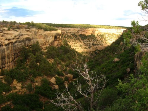 A scenic view of a canyon with lush greenery and rocky cliffs under a partly cloudy sky.