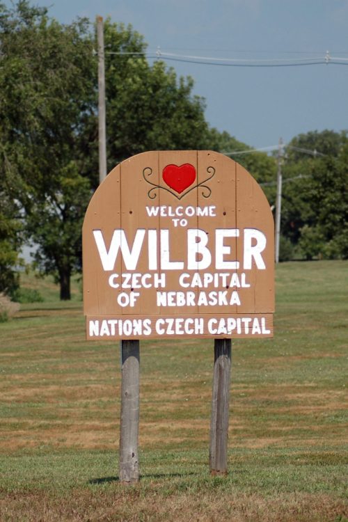 Welcome sign for Wilber, Nebraska, highlighting it as the Czech Capital of the Nation.