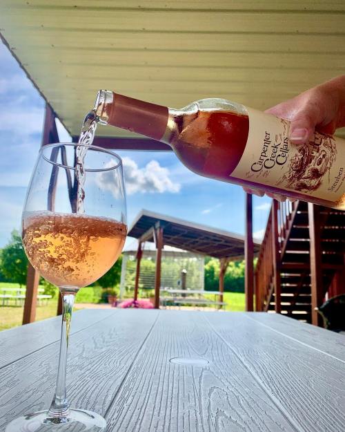 A hand pours rosé wine from a bottle into a glass on a wooden table, with a sunny outdoor setting in the background.