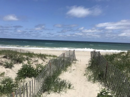 A sandy beach path leads to the ocean, framed by grass and wooden fencing under a blue sky with scattered clouds.