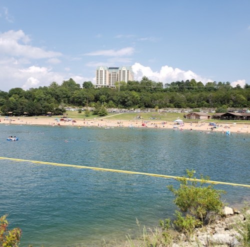 A sandy beach with people swimming and sunbathing, surrounded by green trees and a tall building in the background.