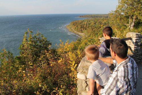 A man and two boys gaze at a scenic view of a coastline surrounded by trees on a sunny day.