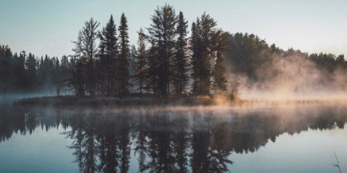 A serene lake at dawn, with mist rising and trees reflecting on the calm water's surface.