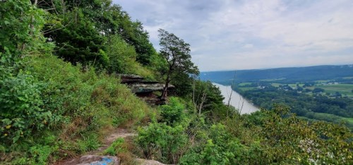 A scenic view from a rocky overlook, featuring lush greenery and a winding river below under a cloudy sky.