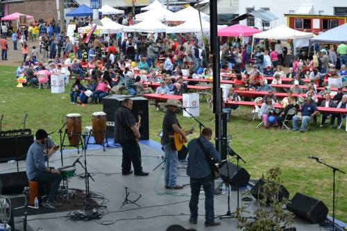 A band performs on stage at an outdoor festival, with a large crowd enjoying the event in the background.