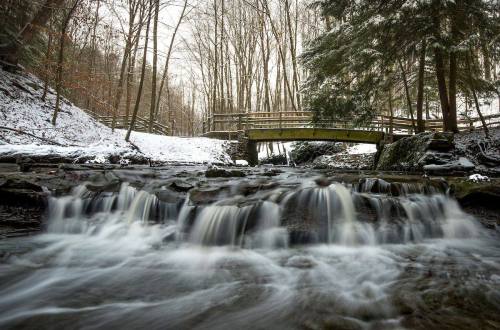 A serene winter scene featuring a flowing stream and a wooden bridge surrounded by snow-covered trees.