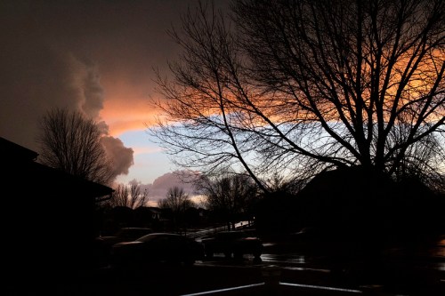 Silhouetted trees against a dramatic sunset with dark clouds and vibrant orange and blue hues in the sky.