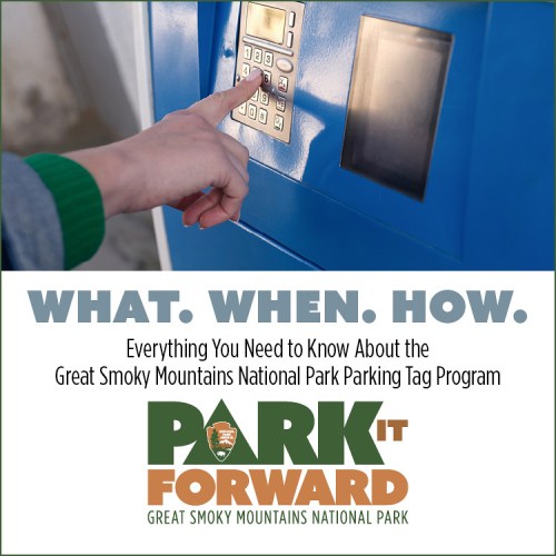 A hand using a parking tag machine with text about the Great Smoky Mountains National Park Parking Tag Program.